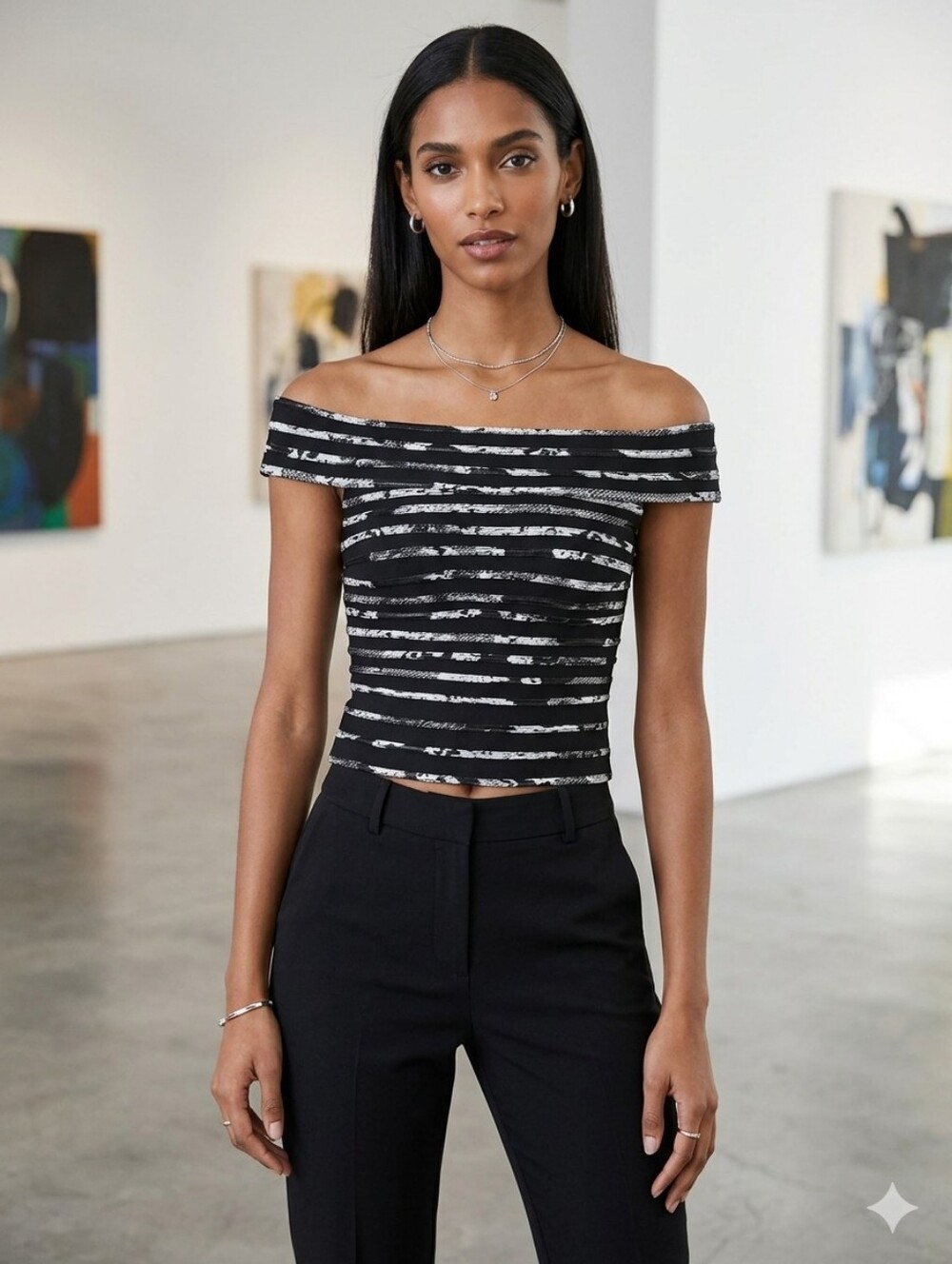 🦋 JS Collections Black and White Off-Shoulder Blouse